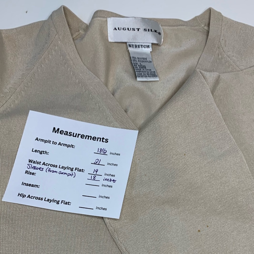 August Silk Stretch cardigan in tan. Size Large. Stain shown in photo - Picture 5 of 7